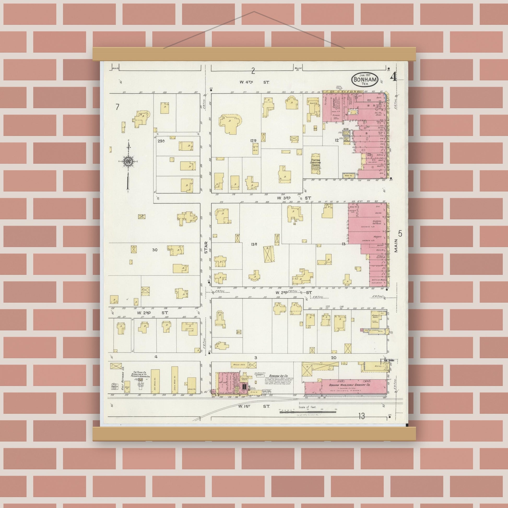 Old map wall art mockup — magnetic wood frame on brick wall — Sanborn Fire Insurance Map from Bonham, Fannin County, Texas (1917), Sheet #0004