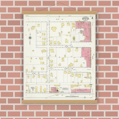 Old map wall art mockup — magnetic wood frame on brick wall — Sanborn Fire Insurance Map from Bonham, Fannin County, Texas (1917), Sheet #0004