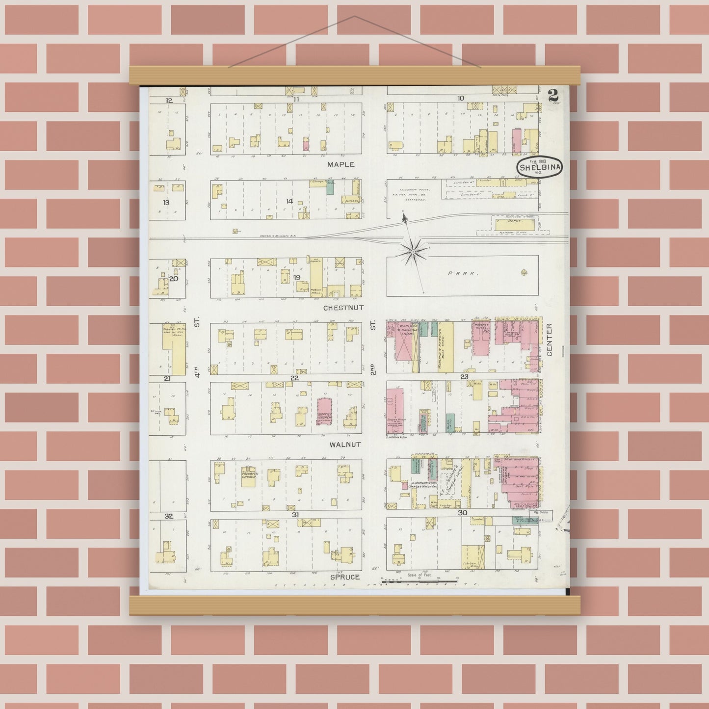 Old map wall art mockup — magnetic wood frame on brick wall — Sanborn Fire Insurance Map from Shelbina, Shelby County, Missouri (1893), Sheet #0002