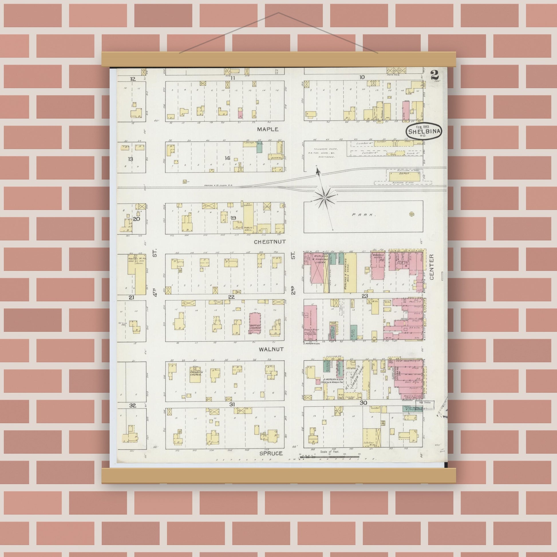 Old map wall art mockup — magnetic wood frame on brick wall — Sanborn Fire Insurance Map from Shelbina, Shelby County, Missouri (1893), Sheet #0002