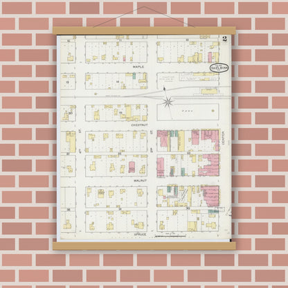 Old map wall art mockup — magnetic wood frame on brick wall — Sanborn Fire Insurance Map from Shelbina, Shelby County, Missouri (1893), Sheet #0002