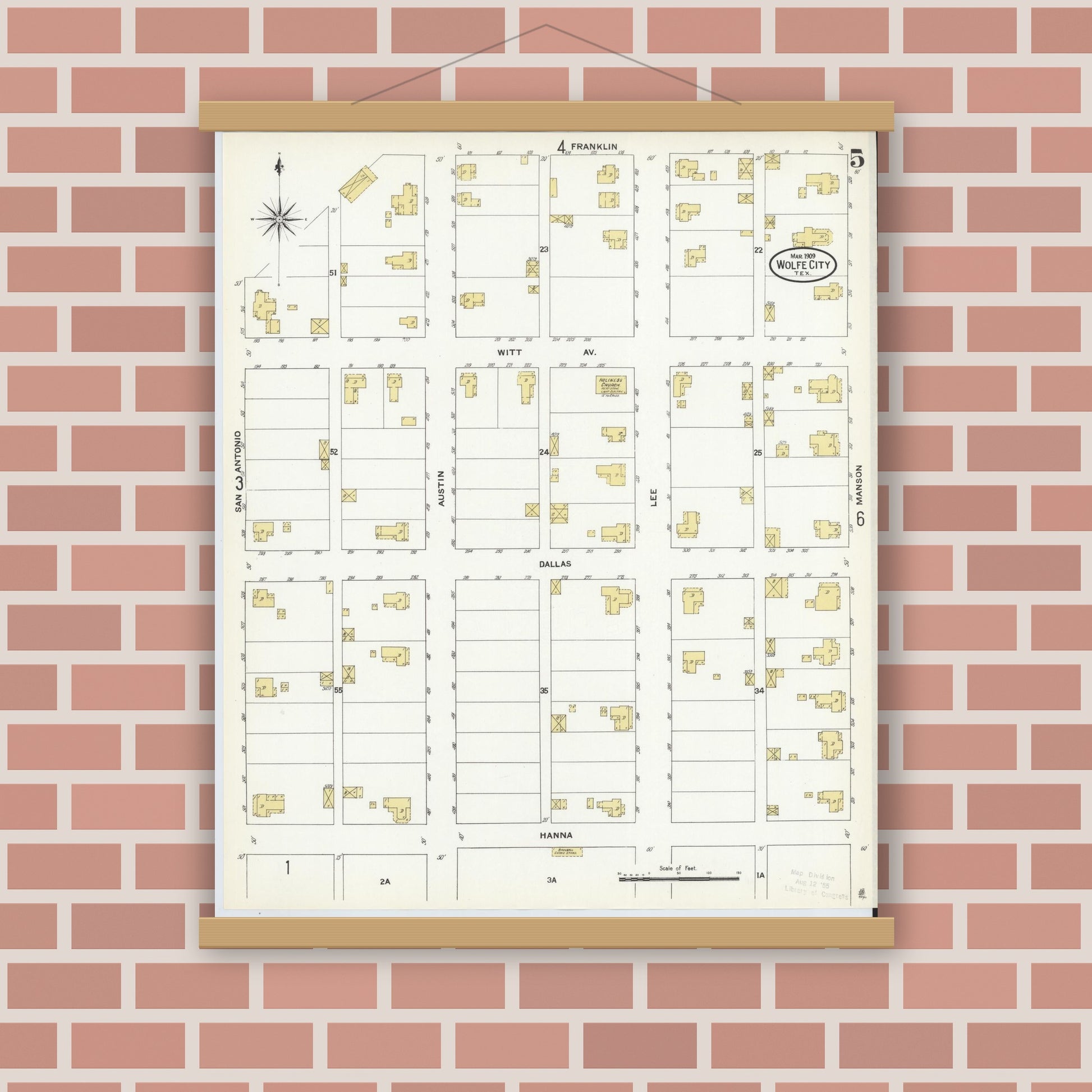 Old map wall art mockup — magnetic wood frame on brick wall — Sanborn Fire Insurance Map from Wolfe City, Hunt County, Texas (1909), Sheet #0005