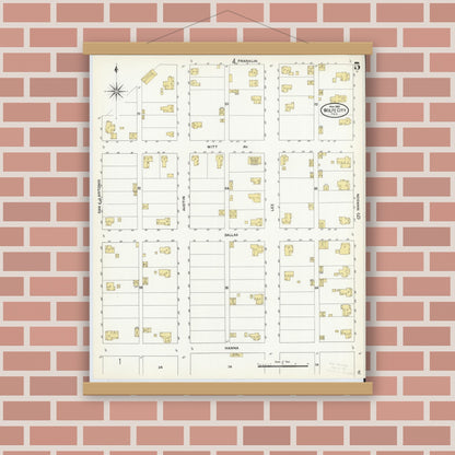 Old map wall art mockup — magnetic wood frame on brick wall — Sanborn Fire Insurance Map from Wolfe City, Hunt County, Texas (1909), Sheet #0005