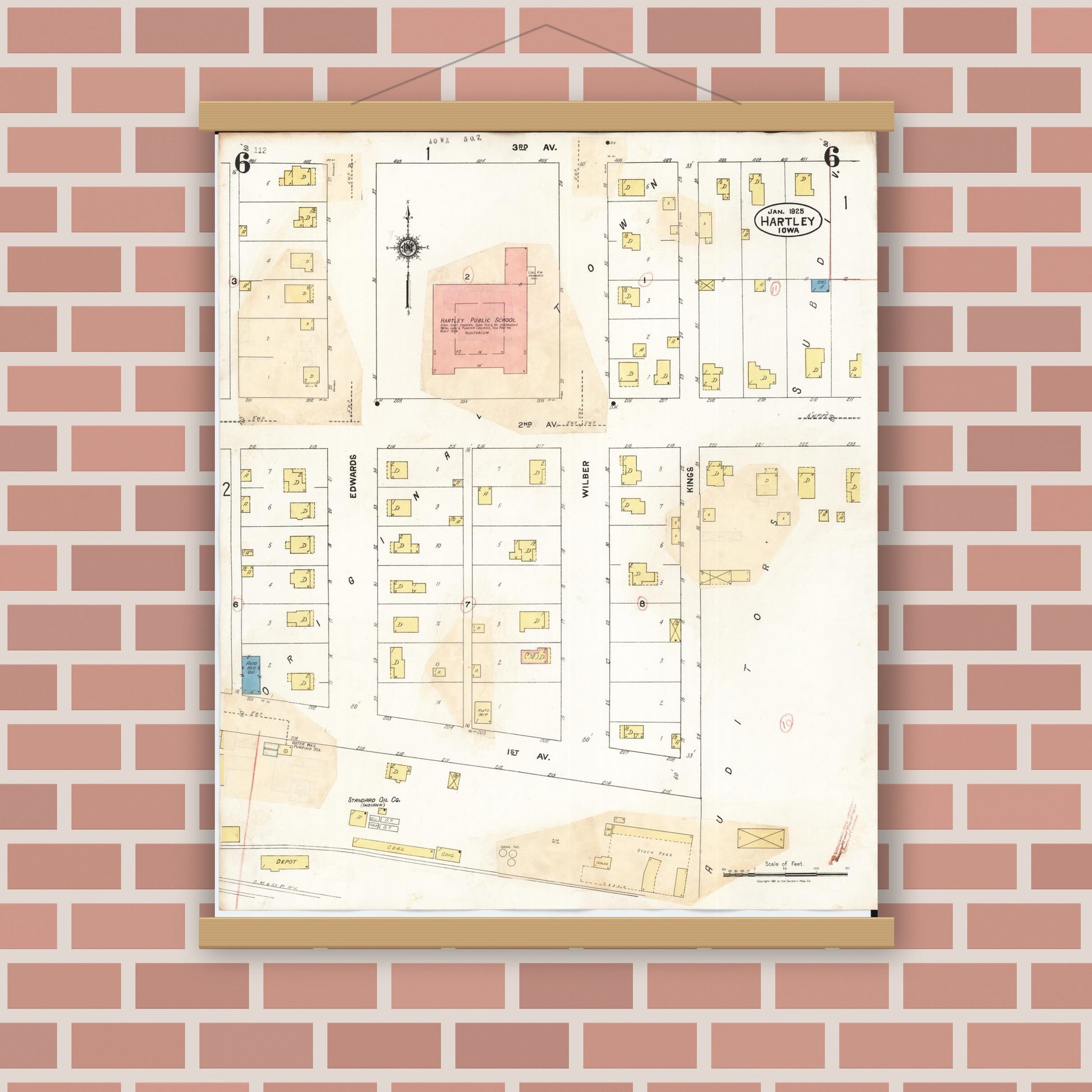 Old map wall art mockup — magnetic wood frame on brick wall — Sanborn Fire Insurance Map from Hartley, O'Brien County, Iowa (1936), Sheet #0006