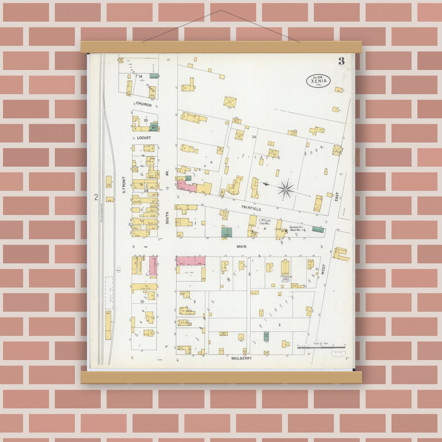 Old map wall art mockup — magnetic wood frame on brick wall — Sanborn Fire Insurance Map from Xenia, Clay County, Illinois (1899), Sheet #0003