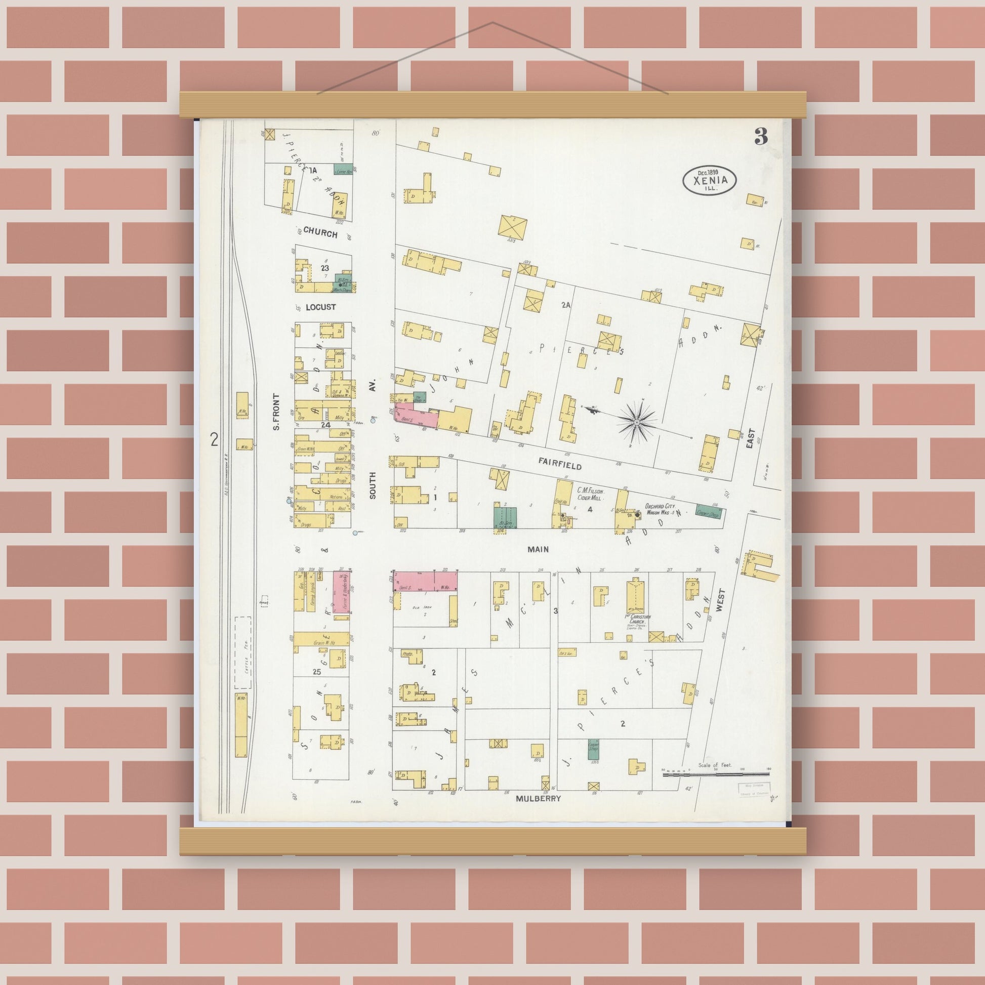 Old map wall art mockup — magnetic wood frame on brick wall — Sanborn Fire Insurance Map from Xenia, Clay County, Illinois (1899), Sheet #0003