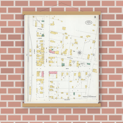 Old map wall art mockup — magnetic wood frame on brick wall — Sanborn Fire Insurance Map from Xenia, Clay County, Illinois (1899), Sheet #0003