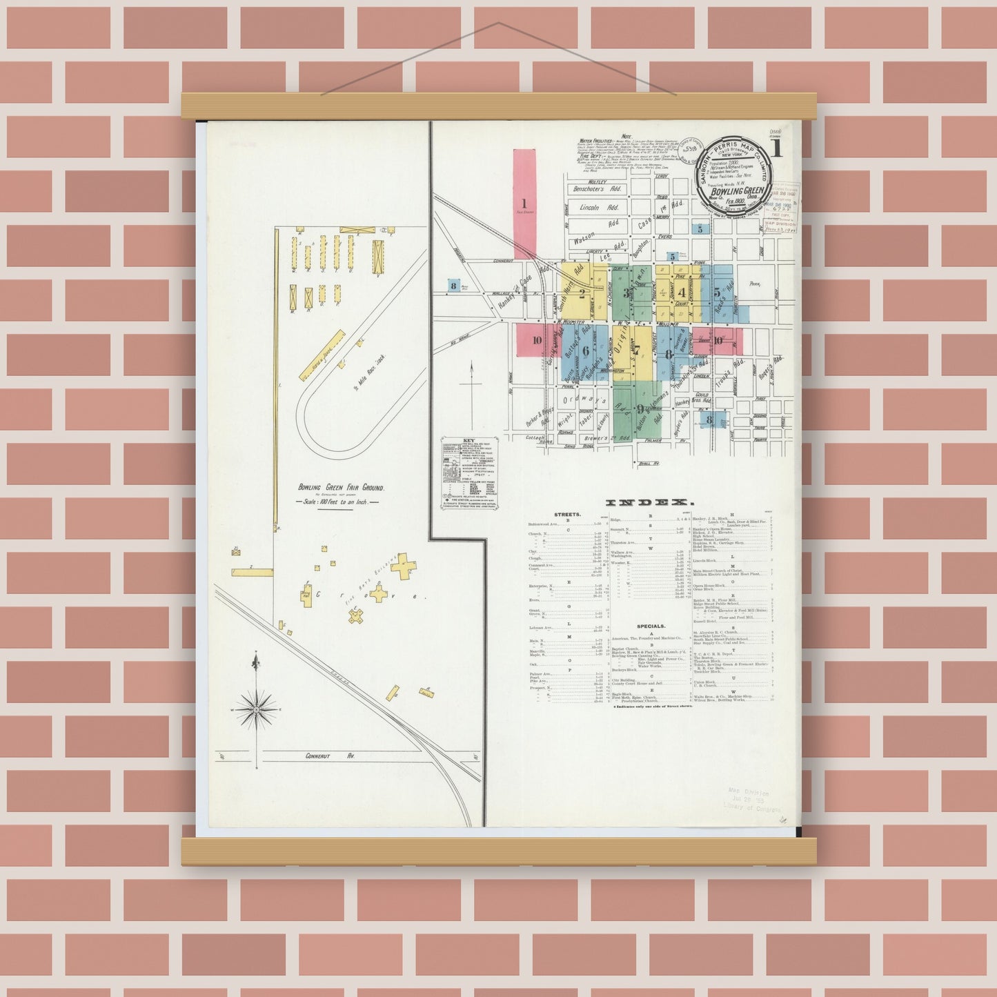 Old map wall art mockup — magnetic wood frame on brick wall — Sanborn Fire Insurance Map from Bowling Green, Wood County, Ohio (1900) - Complete Map Set