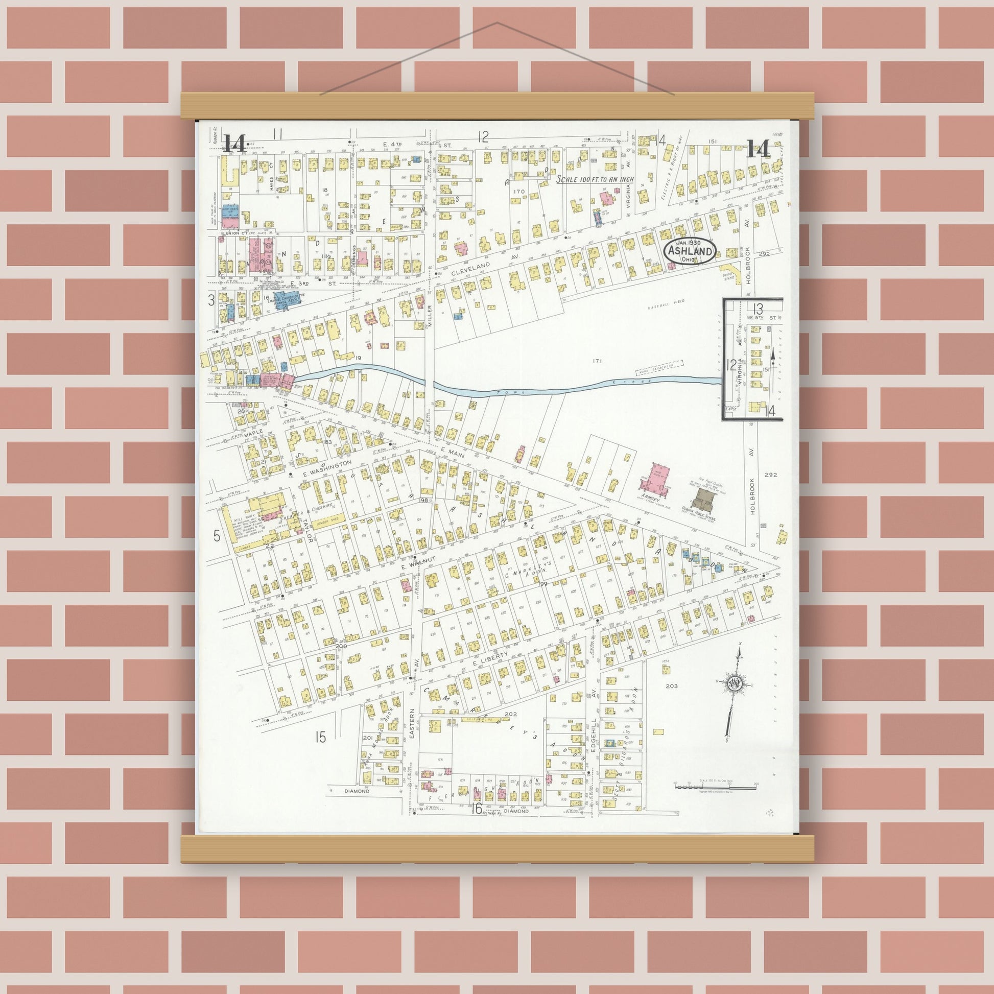 Old map wall art mockup — magnetic wood frame on brick wall — Sanborn Fire Insurance Map from Ashland, Ashland County, Ohio (1930), Sheet #0014