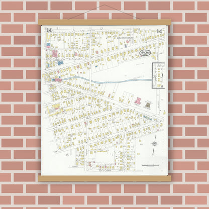 Old map wall art mockup — magnetic wood frame on brick wall — Sanborn Fire Insurance Map from Ashland, Ashland County, Ohio (1930), Sheet #0014