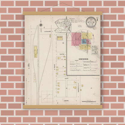 Old map wall art mockup — magnetic wood frame on brick wall — Sanborn Fire Insurance Map from Kyle, Hays County, Texas (1922), Sheet #0001