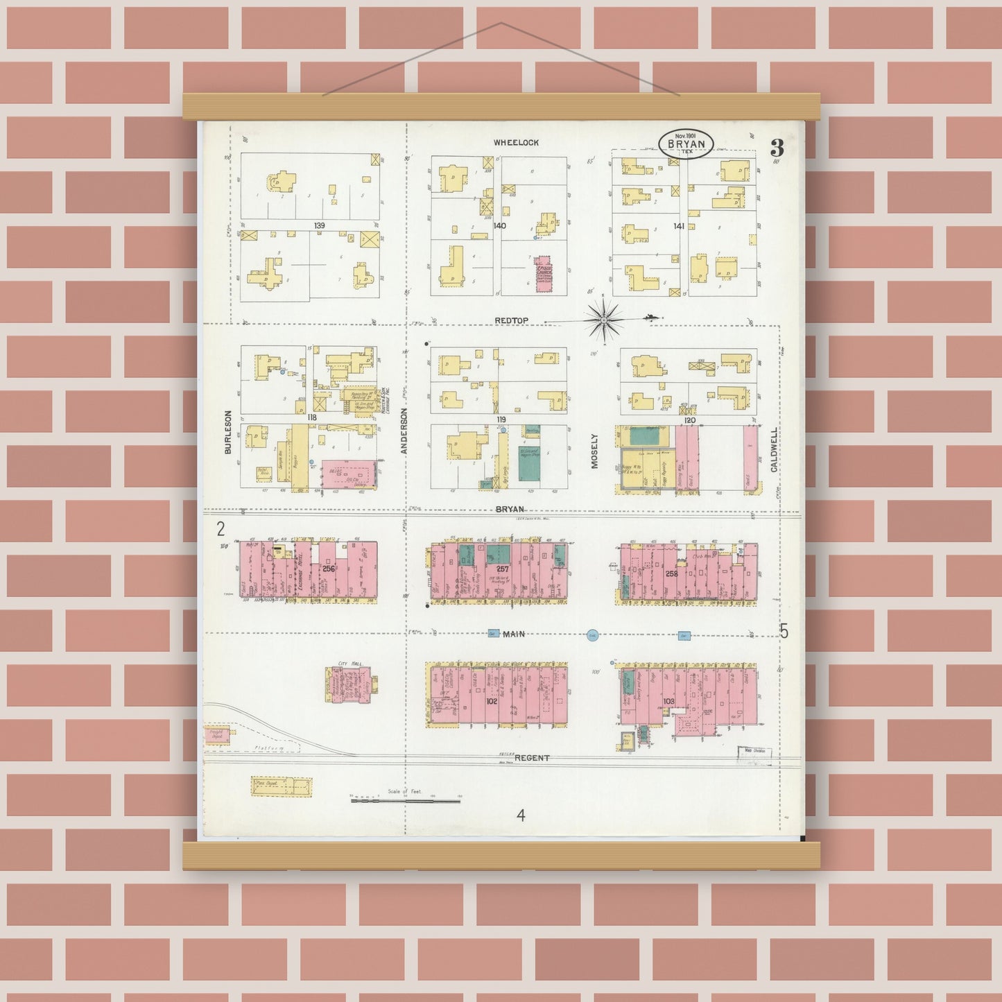 Old map wall art mockup — magnetic wood frame on brick wall — Sanborn Fire Insurance Map from Bryan, Brazos County, Texas (1901), Sheet #0003