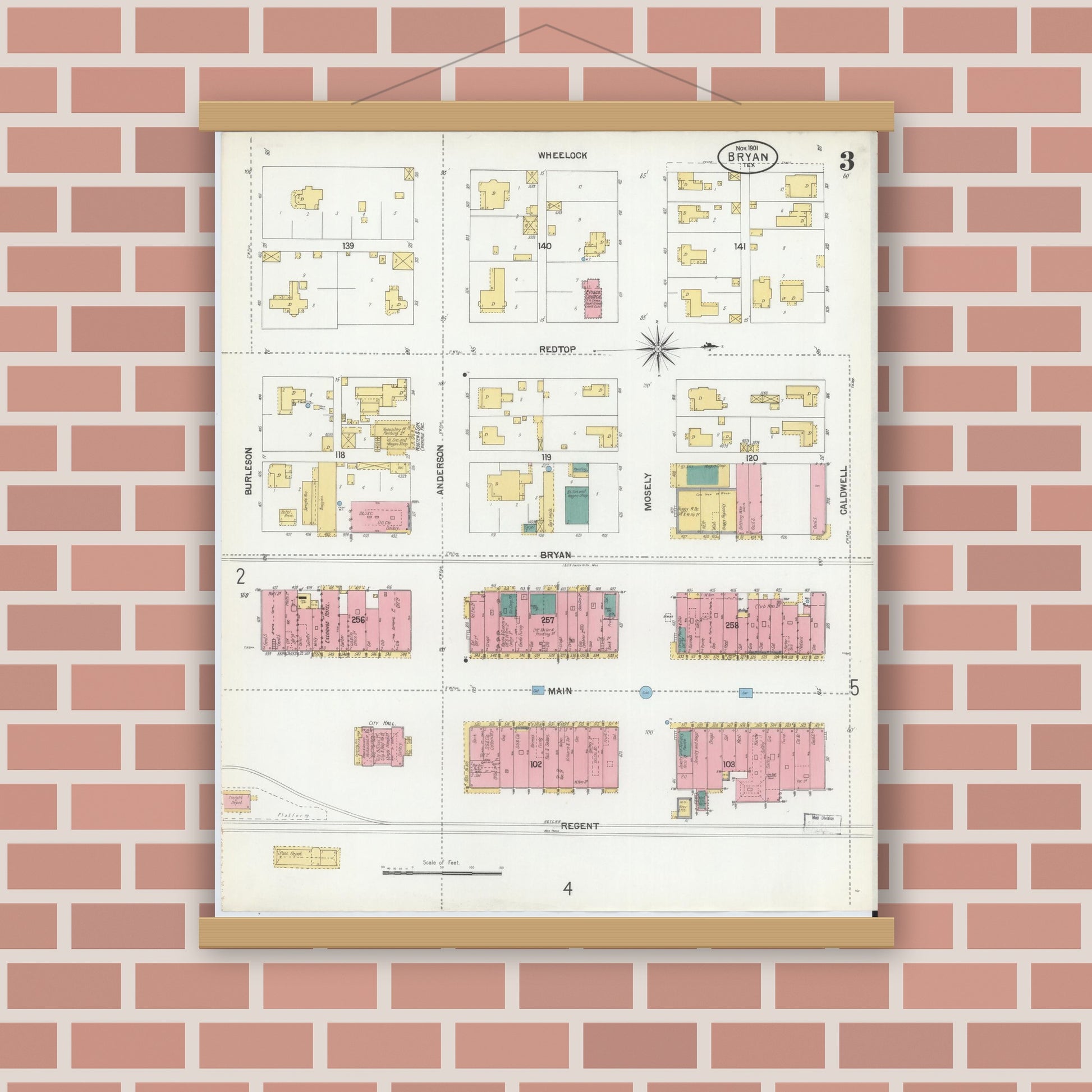 Old map wall art mockup — magnetic wood frame on brick wall — Sanborn Fire Insurance Map from Bryan, Brazos County, Texas (1901), Sheet #0003