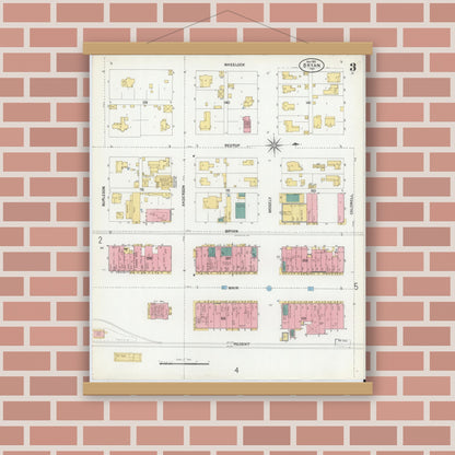 Old map wall art mockup — magnetic wood frame on brick wall — Sanborn Fire Insurance Map from Bryan, Brazos County, Texas (1901), Sheet #0003