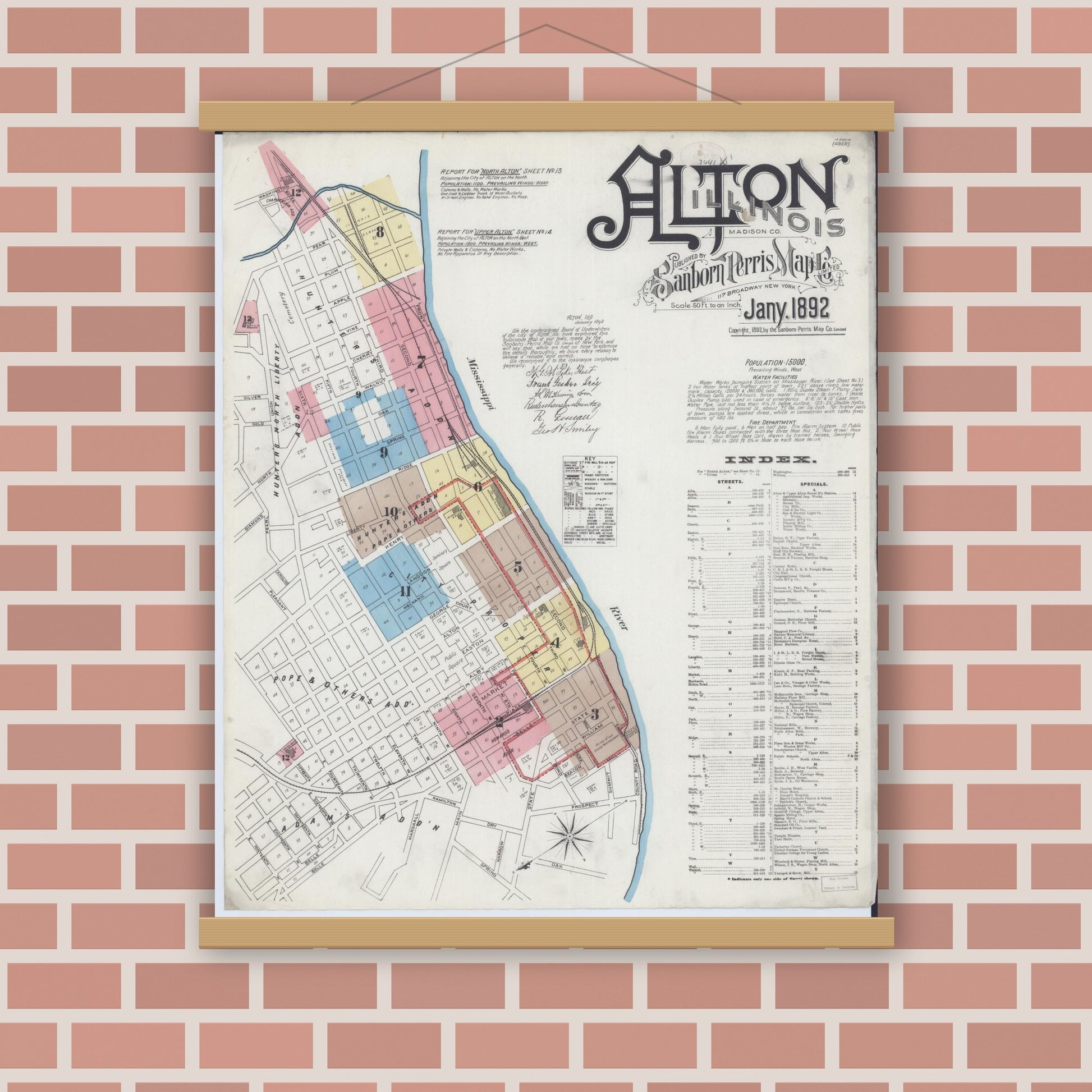 Old map wall art mockup — magnetic wood frame on brick wall — Sanborn Fire Insurance Map from Alton, Madison County, Illinois (1892), Sheet #0001