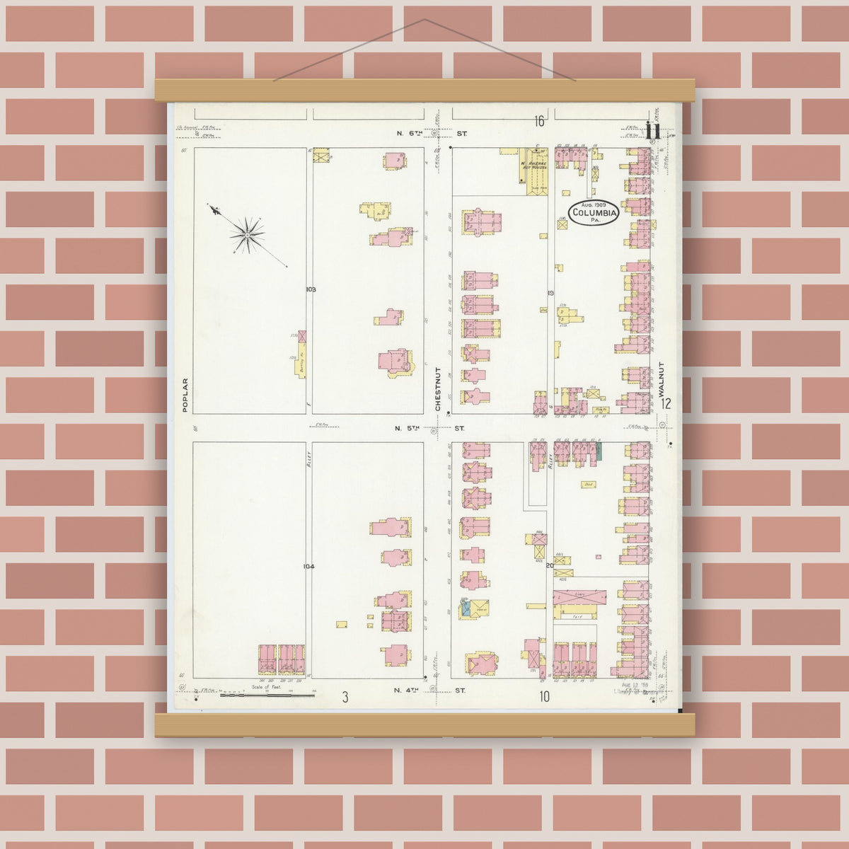 Old map wall art mockup — magnetic wood frame on brick wall — Sanborn Fire Insurance Map from Columbia, Lancaster County, Pennsylvania (1909), Sheet #0011