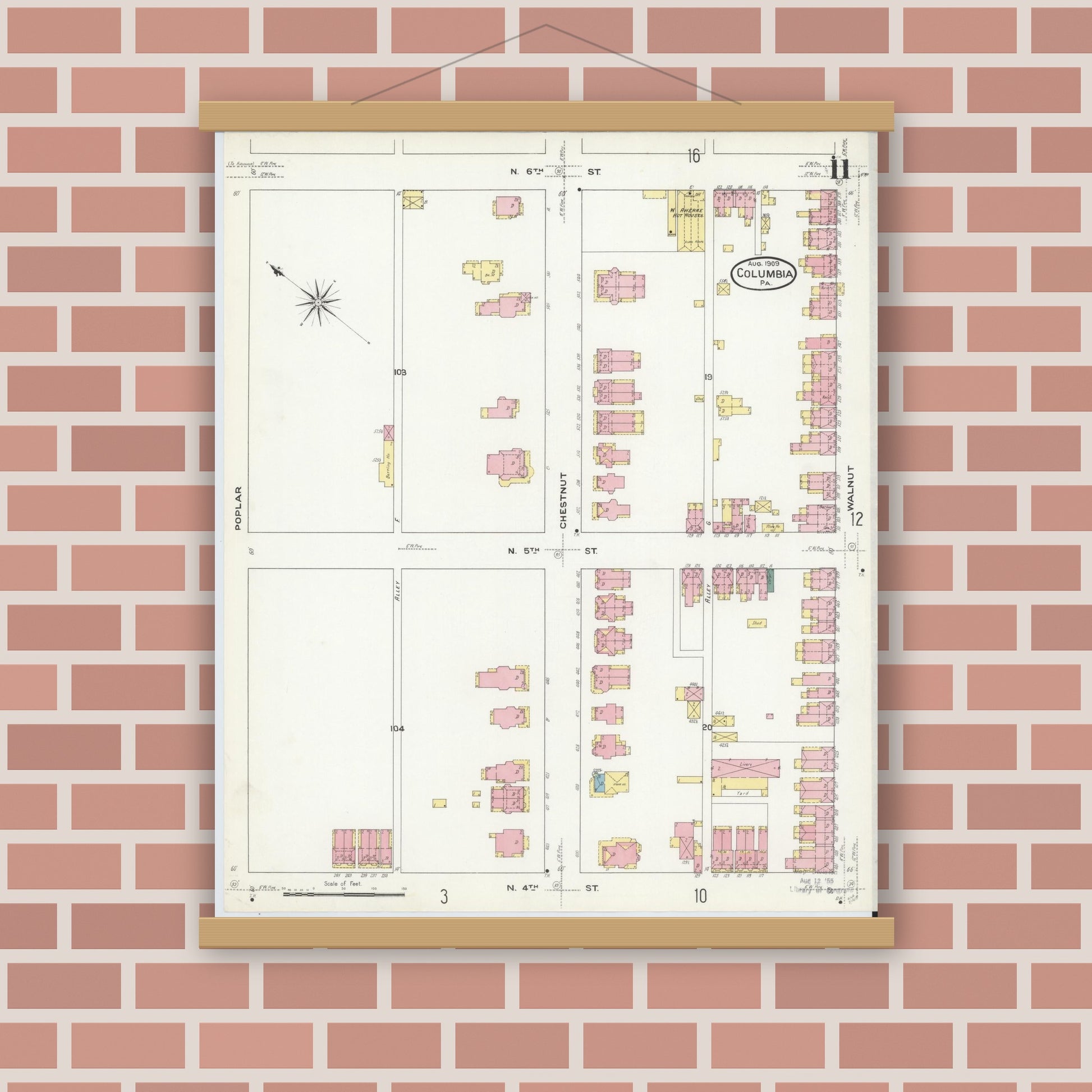 Old map wall art mockup — magnetic wood frame on brick wall — Sanborn Fire Insurance Map from Columbia, Lancaster County, Pennsylvania (1909), Sheet #0011
