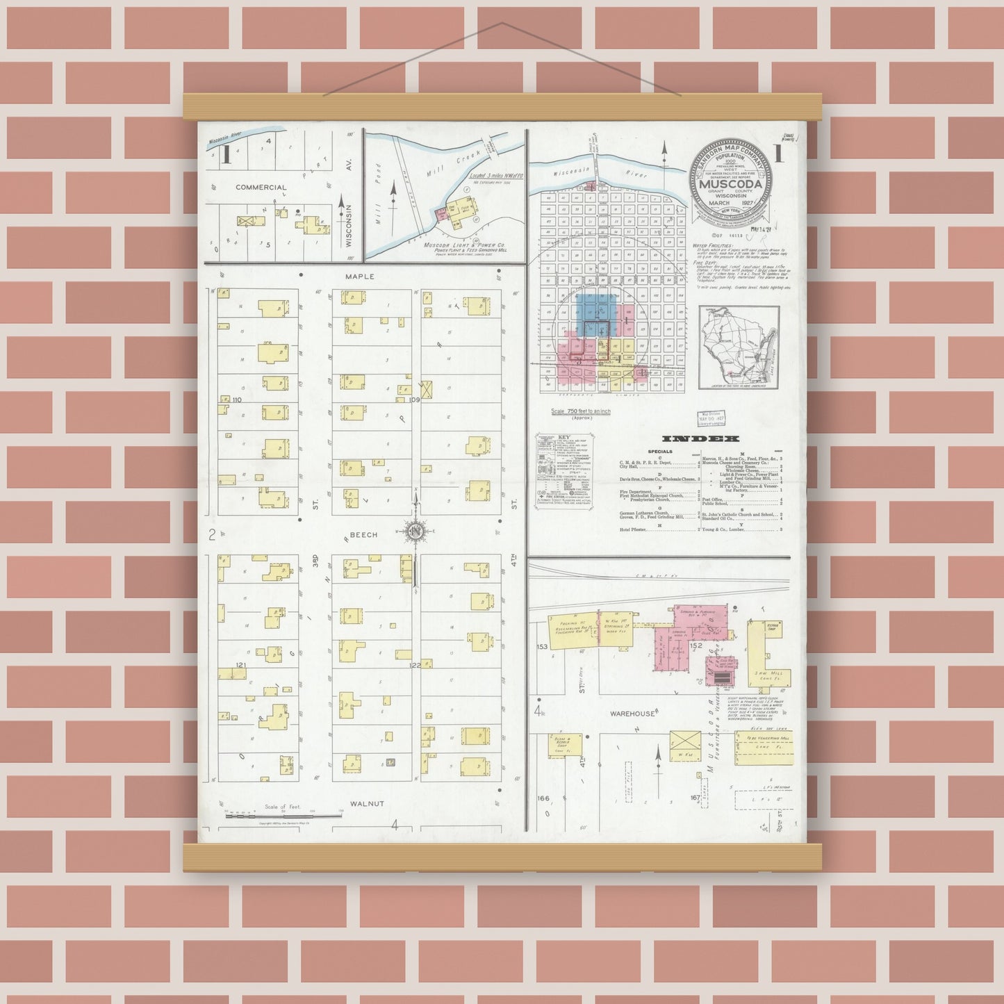 Old map wall art mockup — magnetic wood frame on brick wall — Sanborn Fire Insurance Map from Muscoda, Grant County, Wisconsin (1927), Sheet #0001