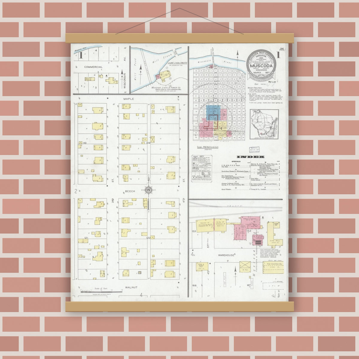 Old map wall art mockup — magnetic wood frame on brick wall — Sanborn Fire Insurance Map from Muscoda, Grant County, Wisconsin (1927), Sheet #0001
