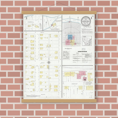 Old map wall art mockup — magnetic wood frame on brick wall — Sanborn Fire Insurance Map from Muscoda, Grant County, Wisconsin (1927), Sheet #0001