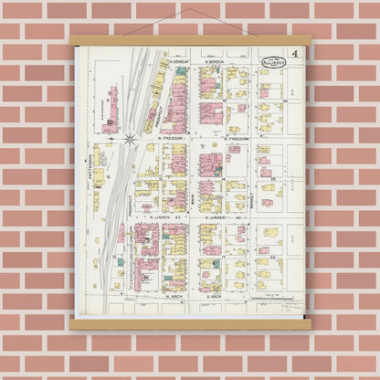 Old map wall art mockup — magnetic wood frame on brick wall — Sanborn Fire Insurance Map from Alliance, Stark County, Ohio (1892), Sheet #0004