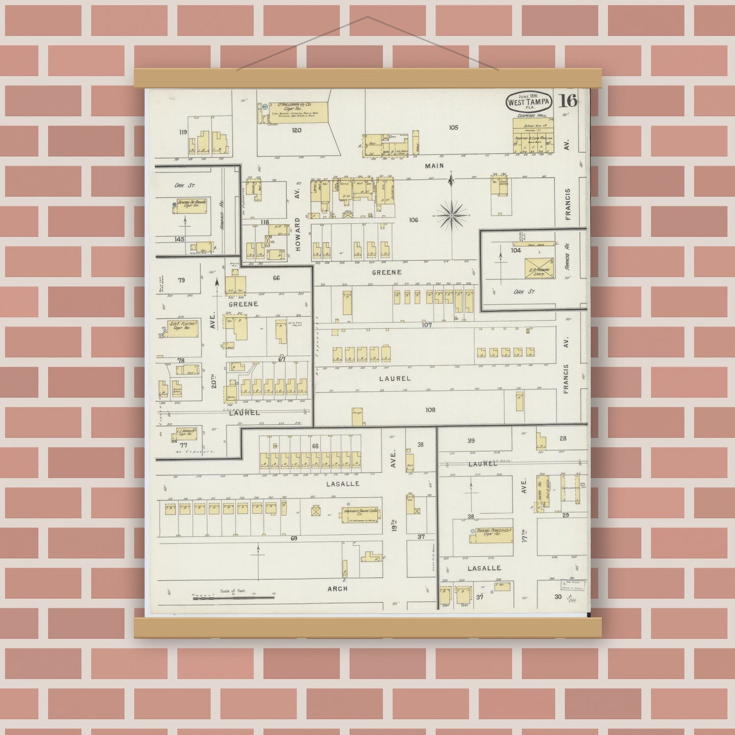 Old map wall art mockup — magnetic wood frame on brick wall — Sanborn Fire Insurance Map from Tampa, Hillsborough County, Florida (1895), Sheet #0020