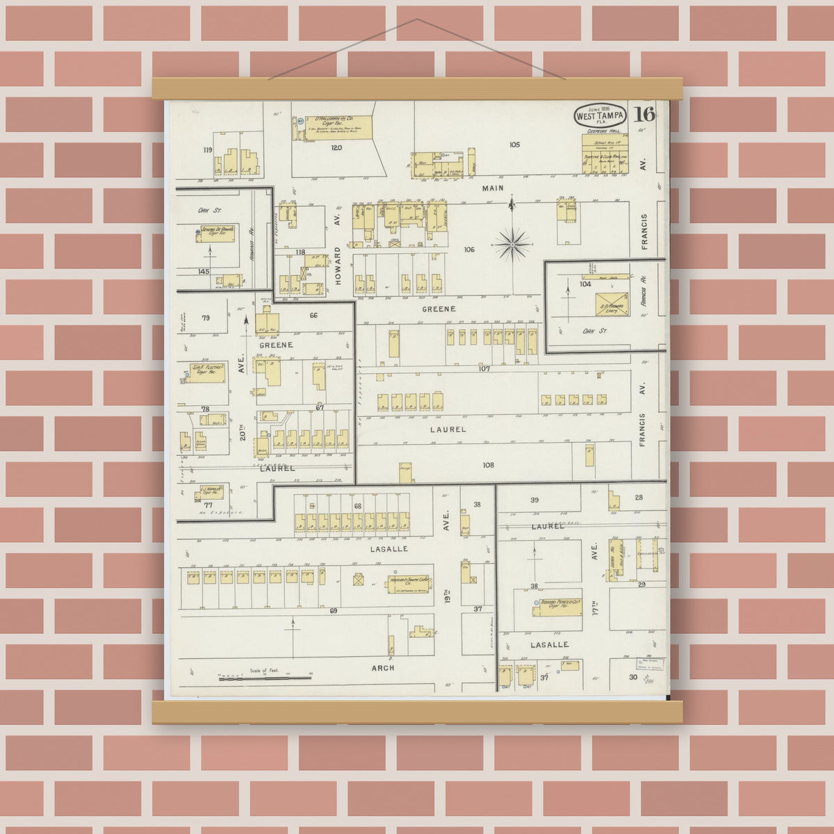 Old map wall art mockup — magnetic wood frame on brick wall — Sanborn Fire Insurance Map from Tampa, Hillsborough County, Florida (1895), Sheet #0020