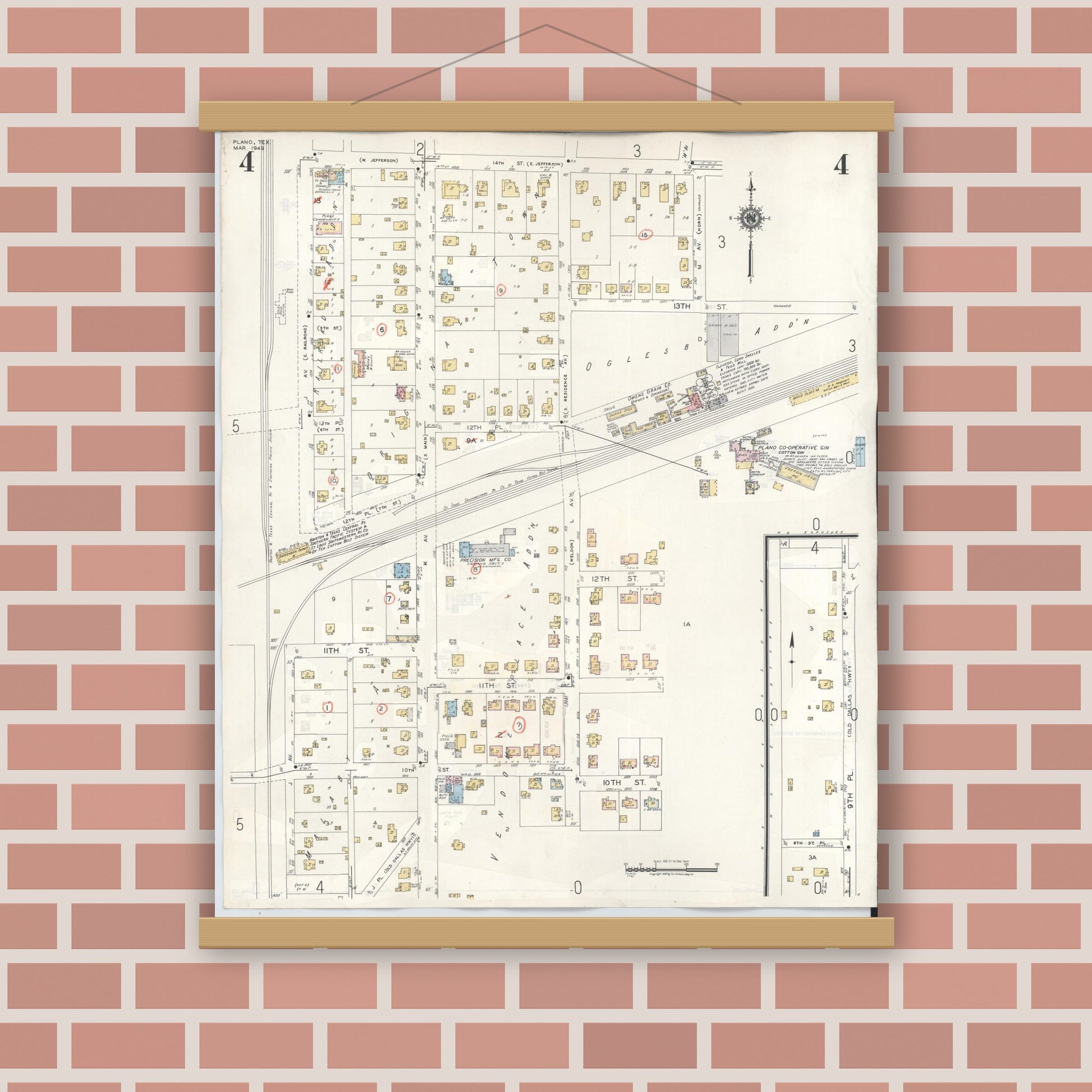 Old map wall art mockup — magnetic wood frame on brick wall — Sanborn Fire Insurance Map from Plano, Collin County, Texas (1961), Sheet #0004