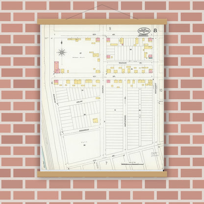 Old map wall art mockup — magnetic wood frame on brick wall — Sanborn Fire Insurance Map from Ambridge, Beaver County, Pennsylvania (1905), Sheet #0008