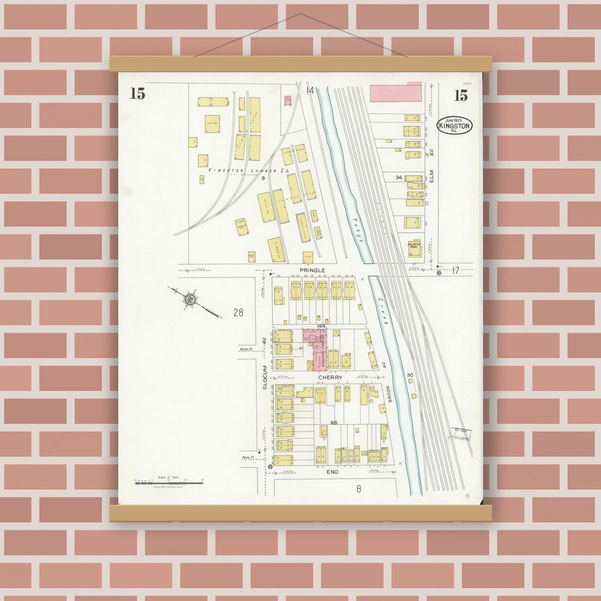 Old map wall art mockup — magnetic wood frame on brick wall — Sanborn Fire Insurance Map from Kingston, Luzerne County, Pennsylvania (1925), Sheet #0015