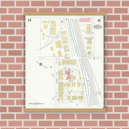Old map wall art mockup — magnetic wood frame on brick wall — Sanborn Fire Insurance Map from Kingston, Luzerne County, Pennsylvania (1925), Sheet #0015