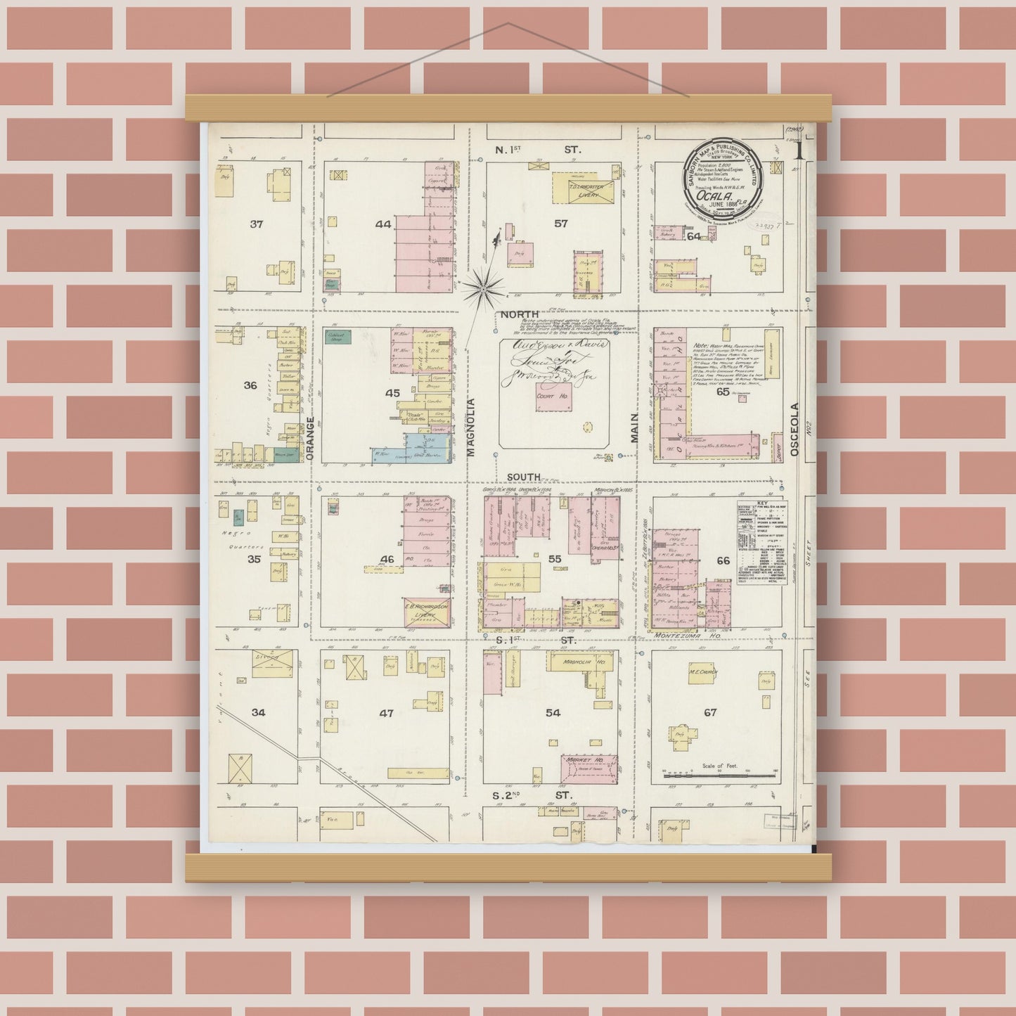 Old map wall art mockup — magnetic wood frame on brick wall — Sanborn Fire Insurance Map from Ocala, Marion County, Florida (1888), Sheet #0001