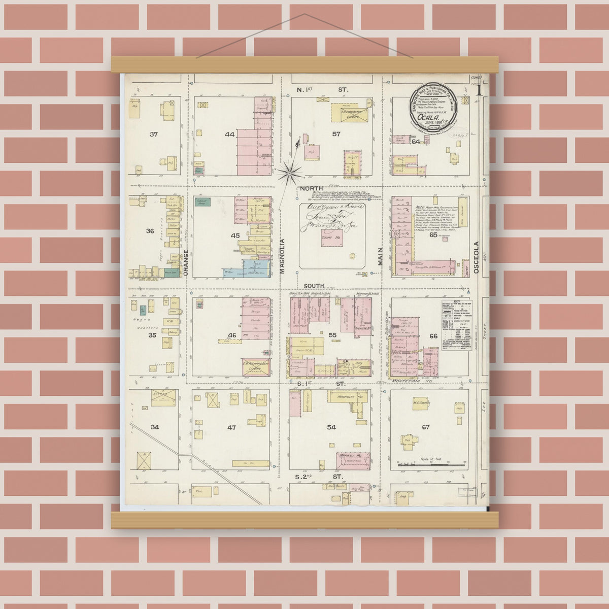 Old map wall art mockup — magnetic wood frame on brick wall — Sanborn Fire Insurance Map from Ocala, Marion County, Florida (1888), Sheet #0001