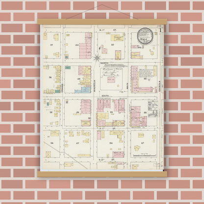 Old map wall art mockup — magnetic wood frame on brick wall — Sanborn Fire Insurance Map from Ocala, Marion County, Florida (1888), Sheet #0001