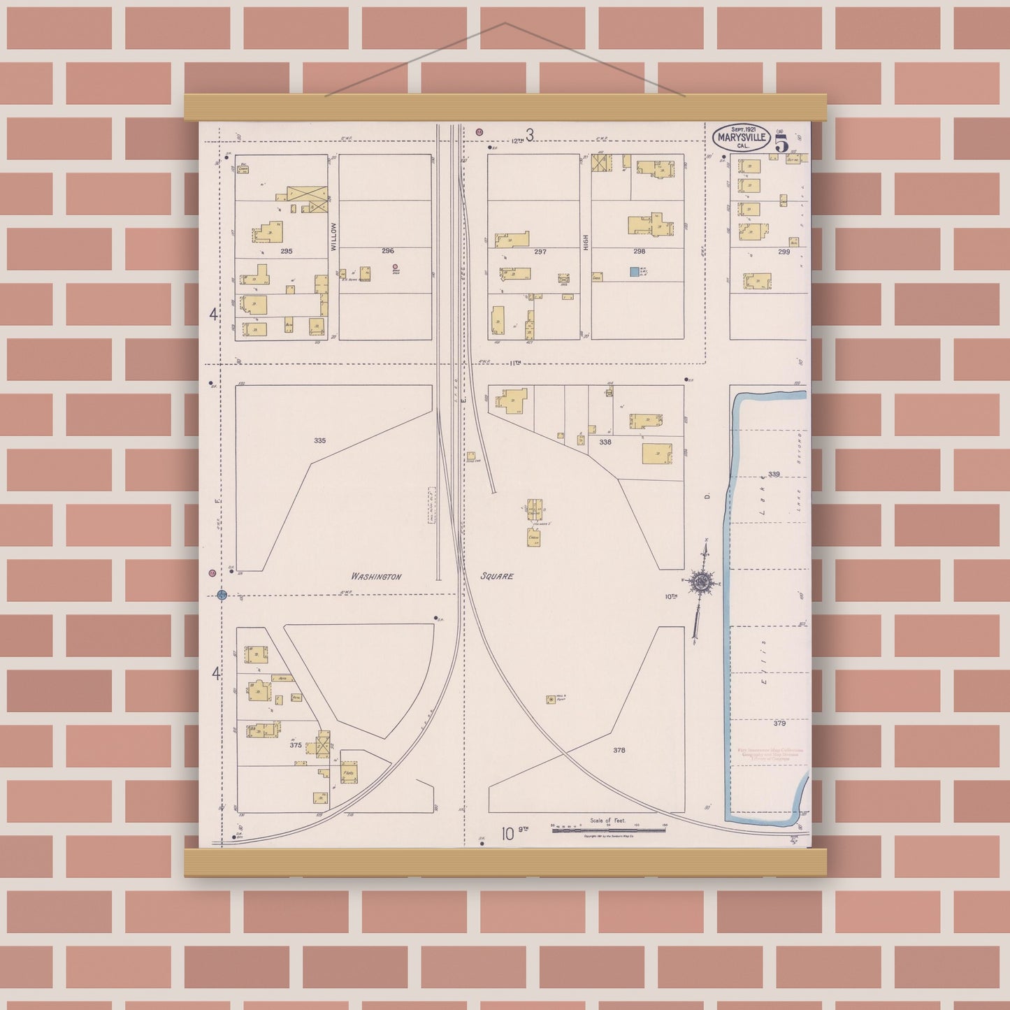 Old map wall art mockup — magnetic wood frame on brick wall — Sanborn Fire Insurance Map from Marysville, Yuba County, California (1921), Sheet #0005
