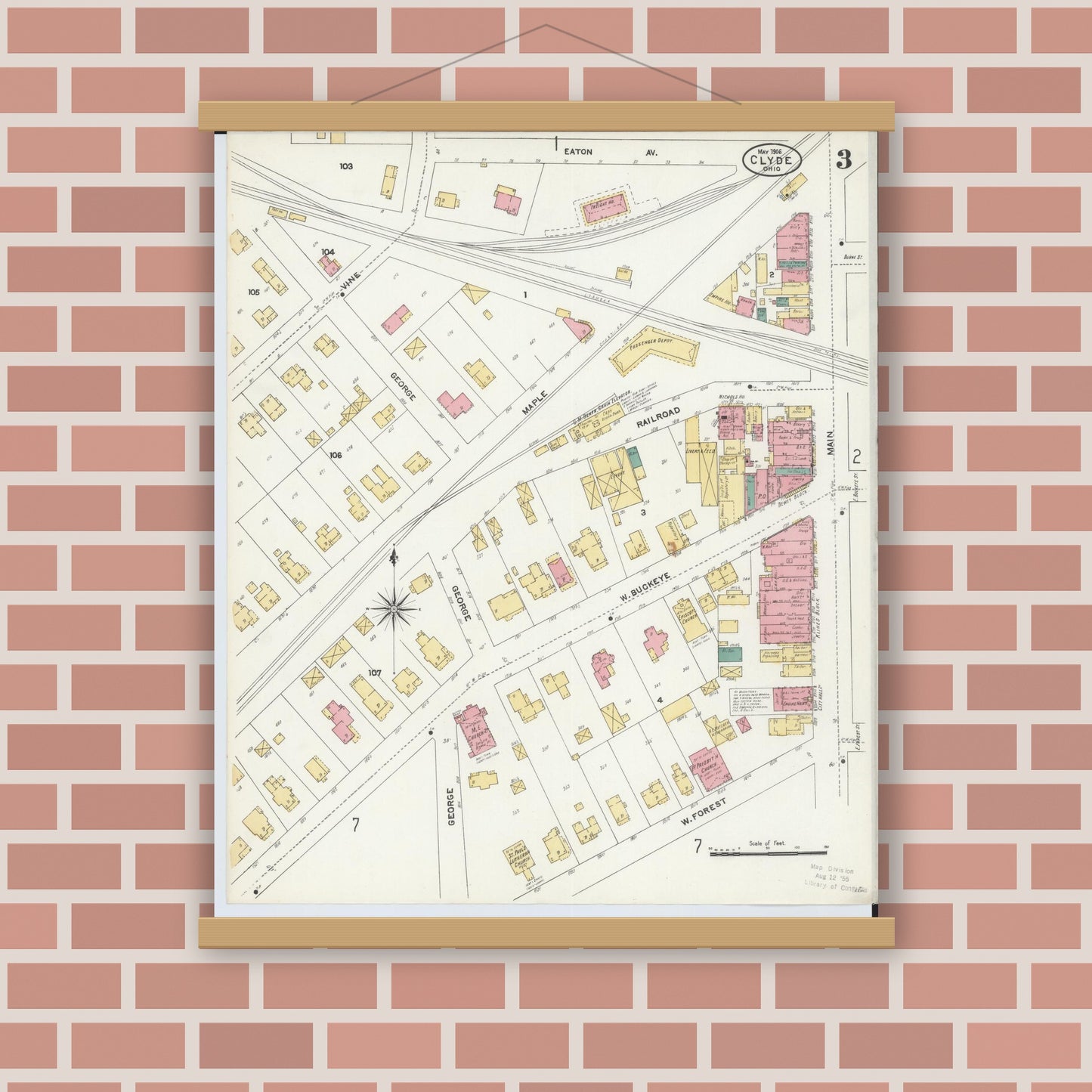 Old map wall art mockup — magnetic wood frame on brick wall — Sanborn Fire Insurance Map from Clyde, Sandusky County, Ohio (1906), Sheet #0003