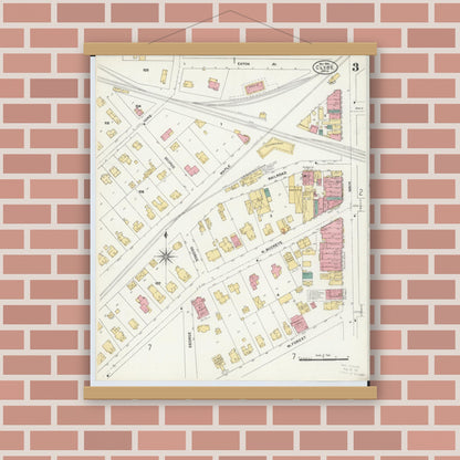 Old map wall art mockup — magnetic wood frame on brick wall — Sanborn Fire Insurance Map from Clyde, Sandusky County, Ohio (1906), Sheet #0003