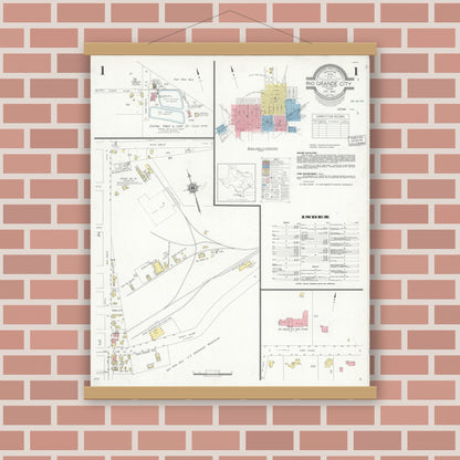 Old map wall art mockup — magnetic wood frame on brick wall — Sanborn Fire Insurance Map from Rio Grande City, Starr County, Texas (1940), Sheet #0001