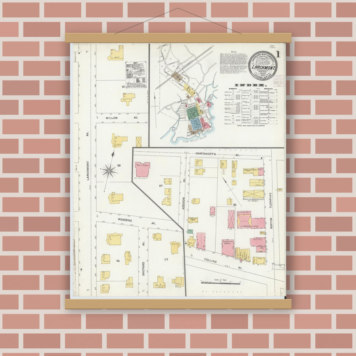 Old map wall art mockup — magnetic wood frame on brick wall — Sanborn Fire Insurance Map from Larchmont, Westchester County, New York (1904) - Complete Map Set
