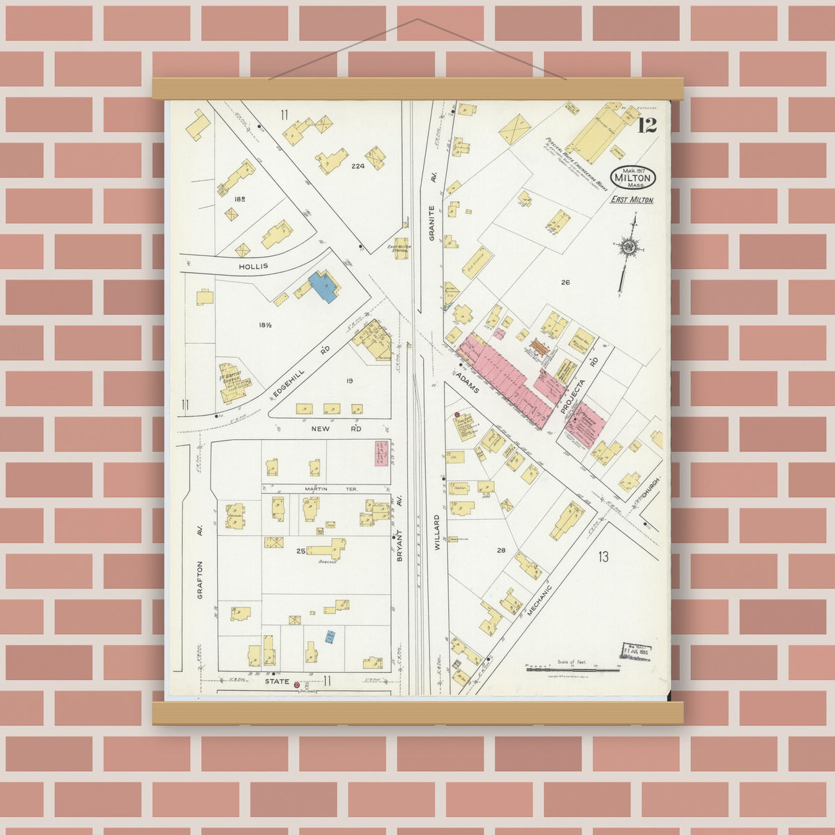 Old map wall art mockup — magnetic wood frame on brick wall — Sanborn Fire Insurance Map from Milton, Norfolk County, Massachusetts (1917), Sheet #0012