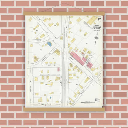 Old map wall art mockup — magnetic wood frame on brick wall — Sanborn Fire Insurance Map from Milton, Norfolk County, Massachusetts (1917), Sheet #0012