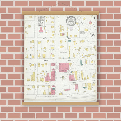 Old map wall art mockup — magnetic wood frame on brick wall — Sanborn Fire Insurance Map from Loogootee, Martin County, Indiana (1902) - Complete Map Set
