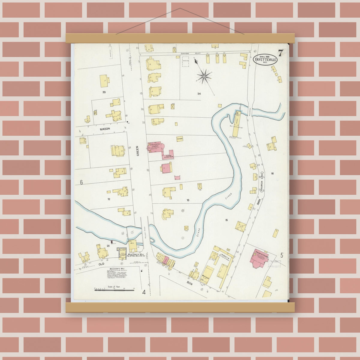 Old map wall art mockup — magnetic wood frame on brick wall — Sanborn Fire Insurance Map from Fayetteville, Cumberland County, North Carolina (1908), Sheet #0007