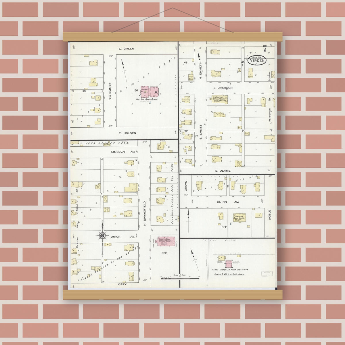 Old map wall art mockup — magnetic wood frame on brick wall — Sanborn Fire Insurance Map from Virden, Macoupin County, Illinois (1914), Sheet #0007