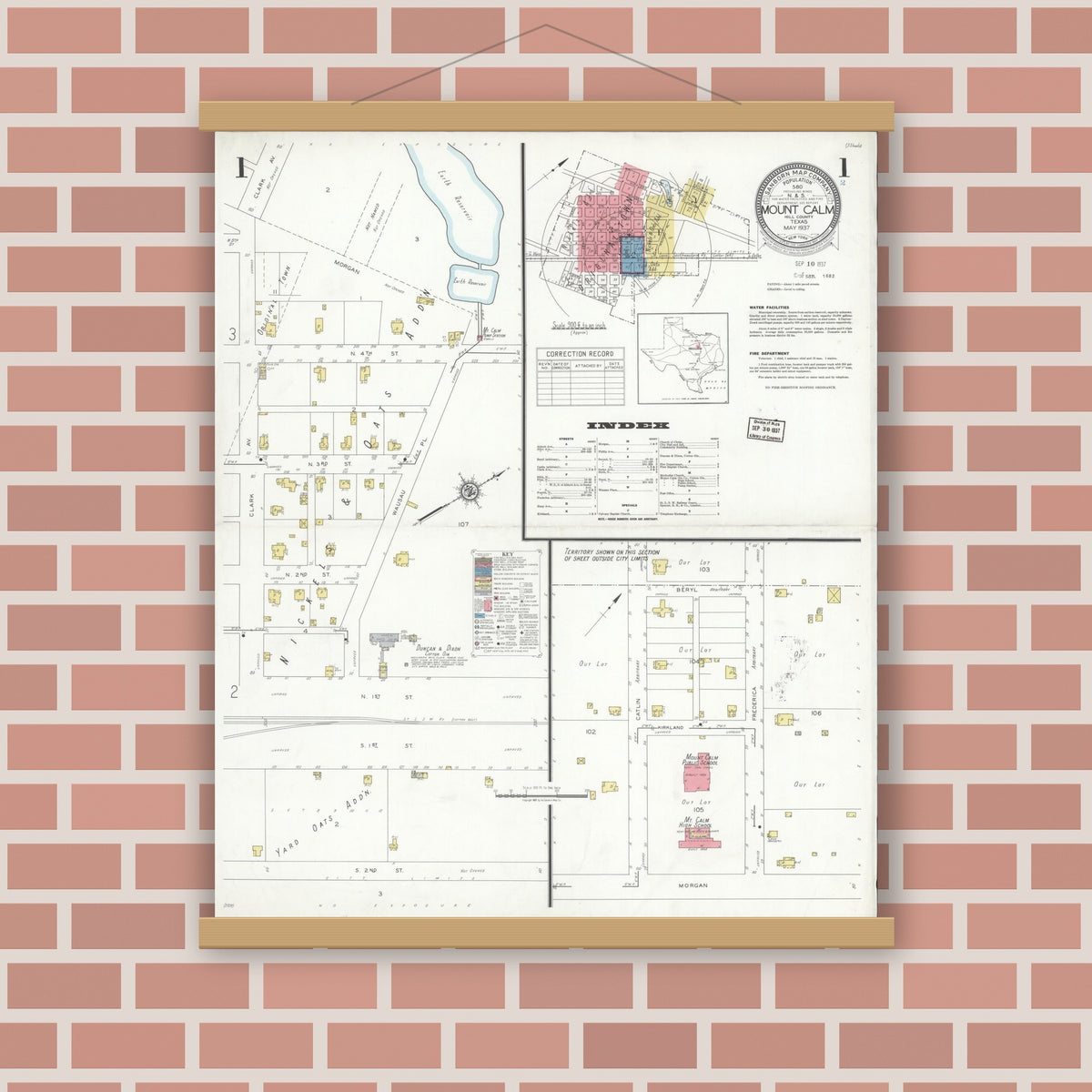 Old map wall art mockup — magnetic wood frame on brick wall — Sanborn Fire Insurance Map from Mount Calm, Hill County, Texas (1937) - Complete Map Set