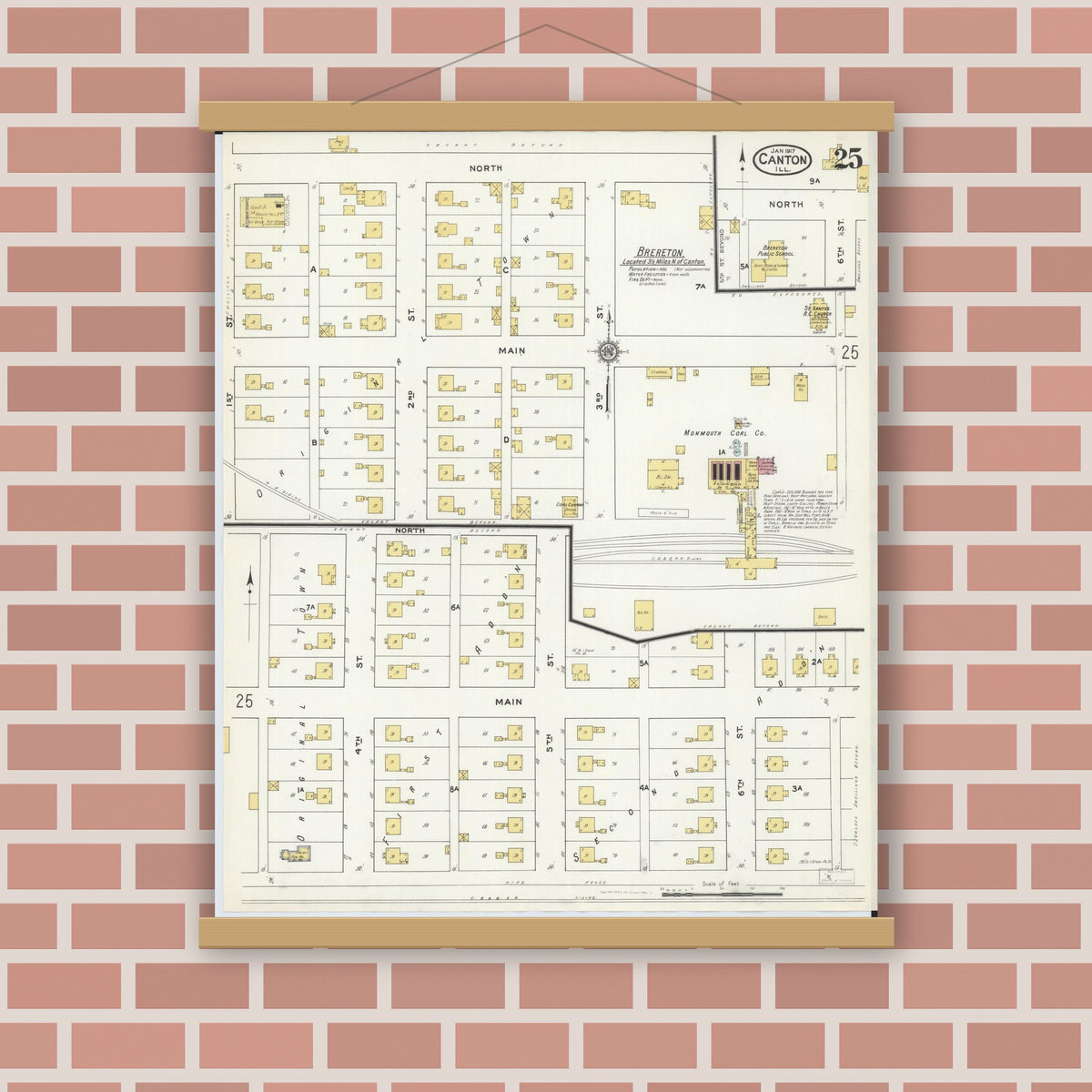 Old map wall art mockup — magnetic wood frame on brick wall — Sanborn Fire Insurance Map from Canton, Fulton County, Illinois (1917), Sheet #0025