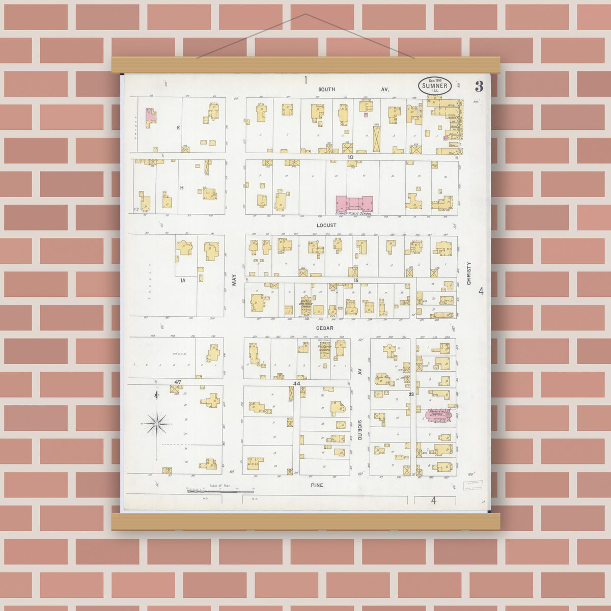 Old map wall art mockup — magnetic wood frame on brick wall — Sanborn Fire Insurance Map from Sumner, Lawrence County, Illinois (1899), Sheet #0003