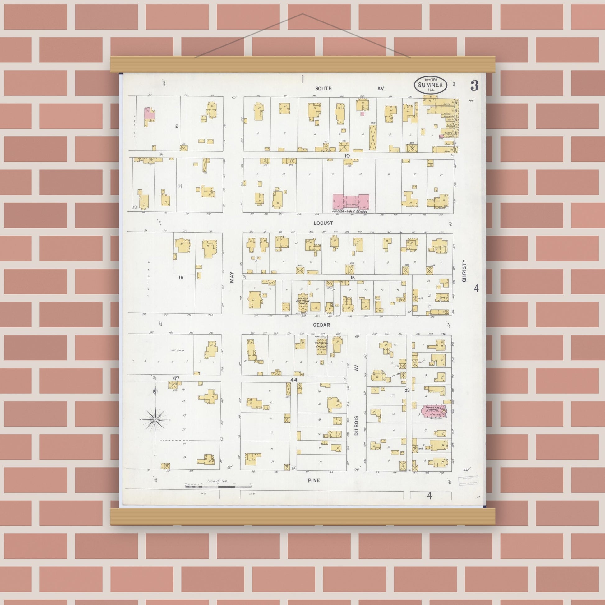 Old map wall art mockup — magnetic wood frame on brick wall — Sanborn Fire Insurance Map from Sumner, Lawrence County, Illinois (1899), Sheet #0003