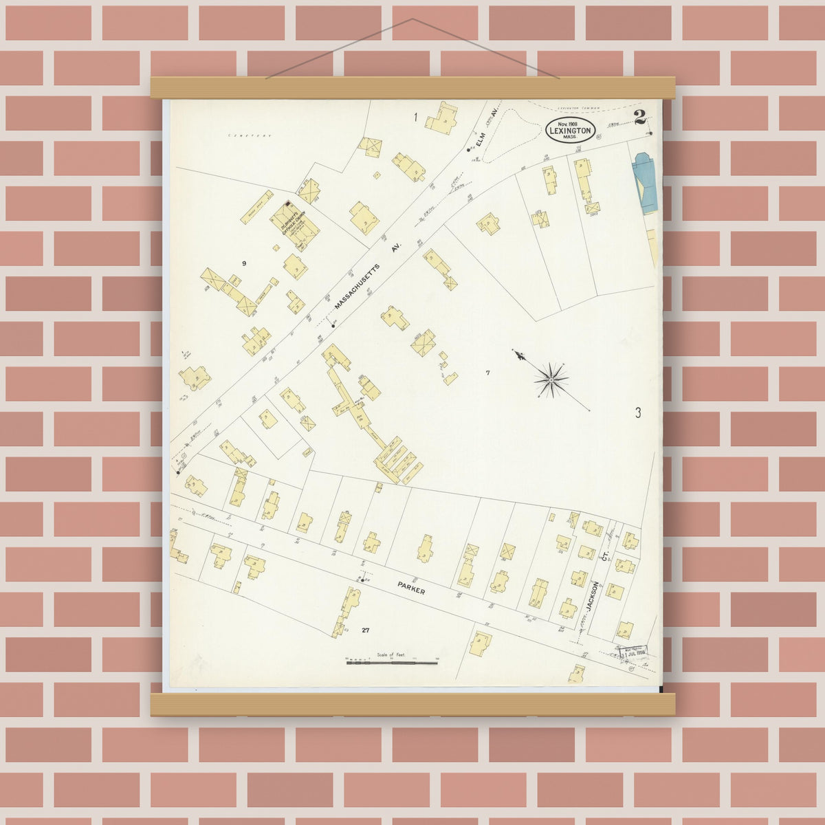 Old map wall art mockup — magnetic wood frame on brick wall — Sanborn Fire Insurance Map from Lexington, Middlesex County, Massachusetts (1908), Sheet #0002