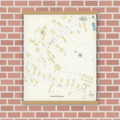 Old map wall art mockup — magnetic wood frame on brick wall — Sanborn Fire Insurance Map from Lexington, Middlesex County, Massachusetts (1908), Sheet #0002